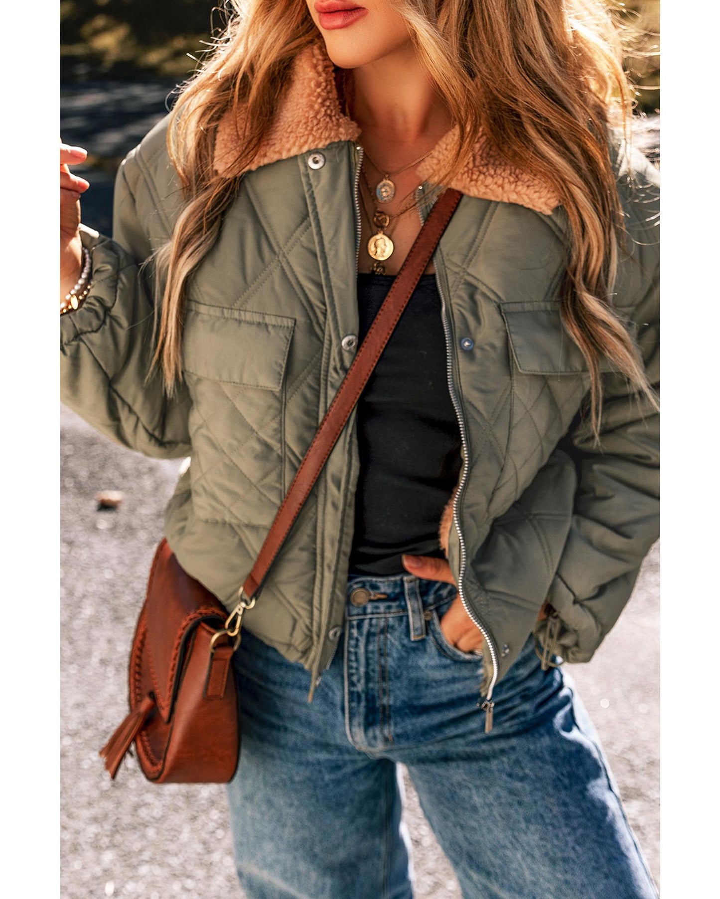 Jungle Green Teddy Collar Flap Pockets Quilted Puffer Jacket - M