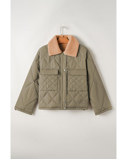 Jungle Green Teddy Collar Flap Pockets Quilted Puffer Jacket - M