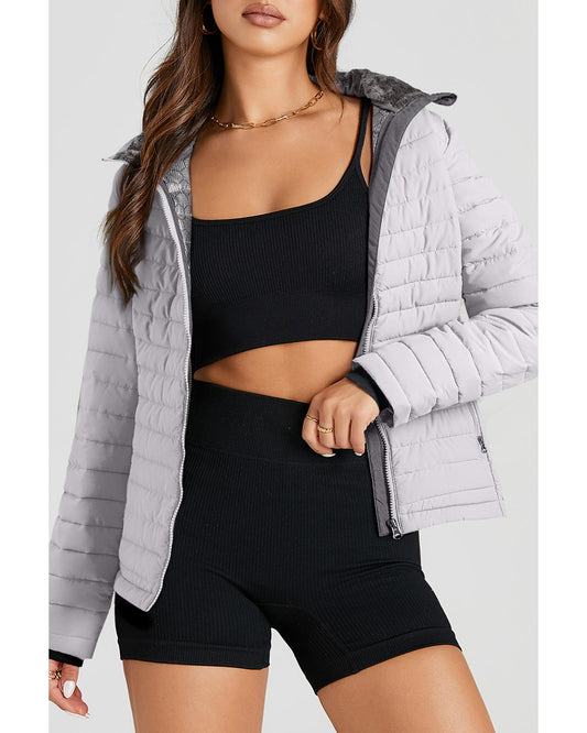 Silvery Solid Color Quilted Zip-up Puffer Jacket - S