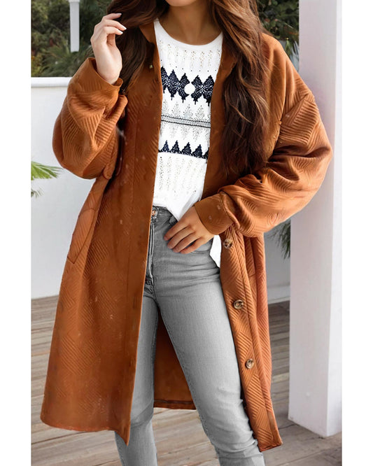 Gold Flame Textured Collared Drop Shoulder Buttoned Front Duster Coat - L