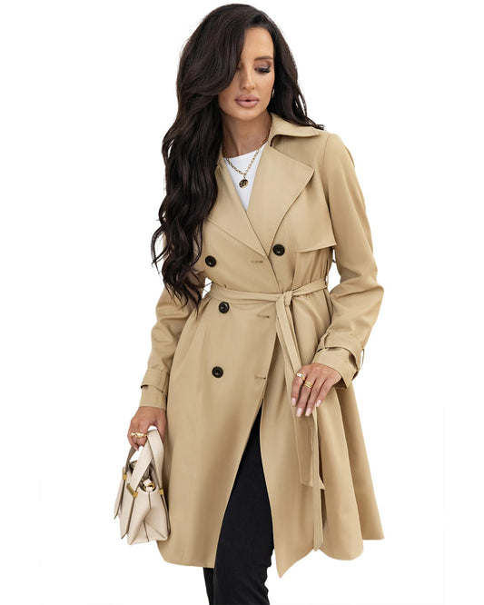 Pale Khaki Solid Color Lapel Collar Waist Tie Wind Coat - S