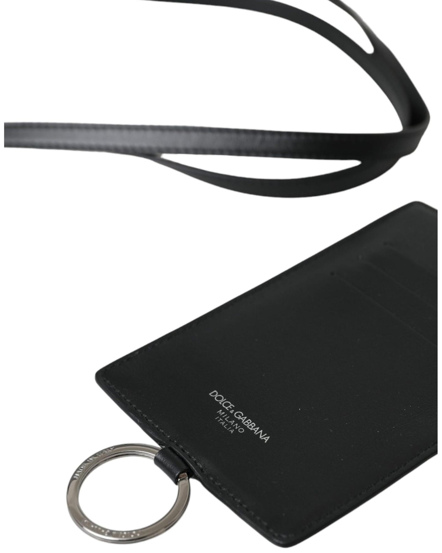 Dolce & Gabbana Men's Black Calf Leather Lanyard Logo Card Holder  Wallet - One Size
