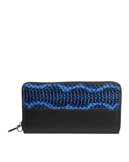 Dolce & Gabbana Men's Black Blue Exotic Leather Embossed Continental Wallet - One Size