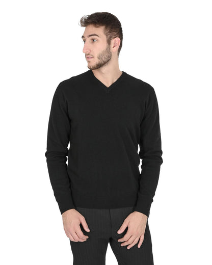 Crown of Edinburgh Cashmere Men's Refined Cashmere V-Neck Sweater in Black - M