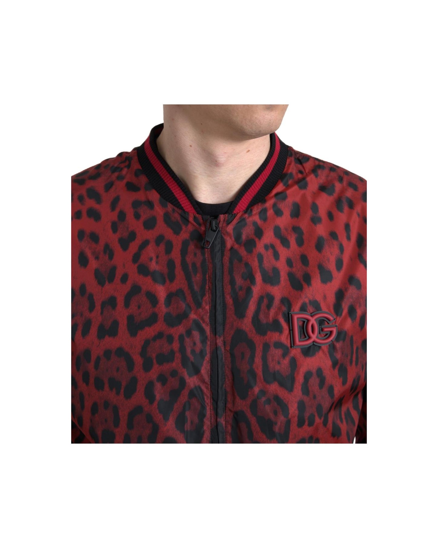 Dolce & Gabbana Men's Red Leopard Bomber Short Coat Jacket - 44 IT