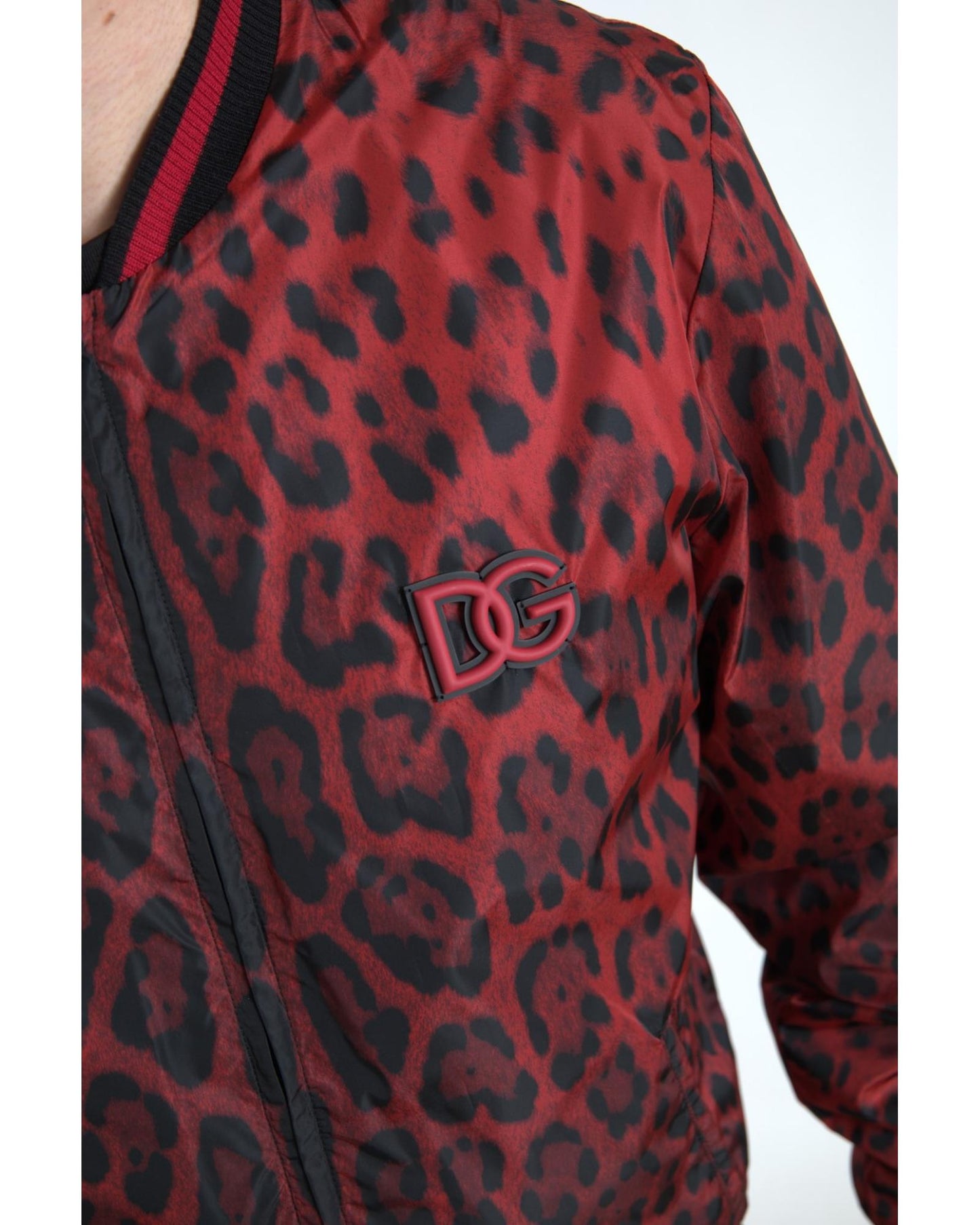 Dolce & Gabbana Men's Red Leopard Bomber Short Coat Jacket - 44 IT