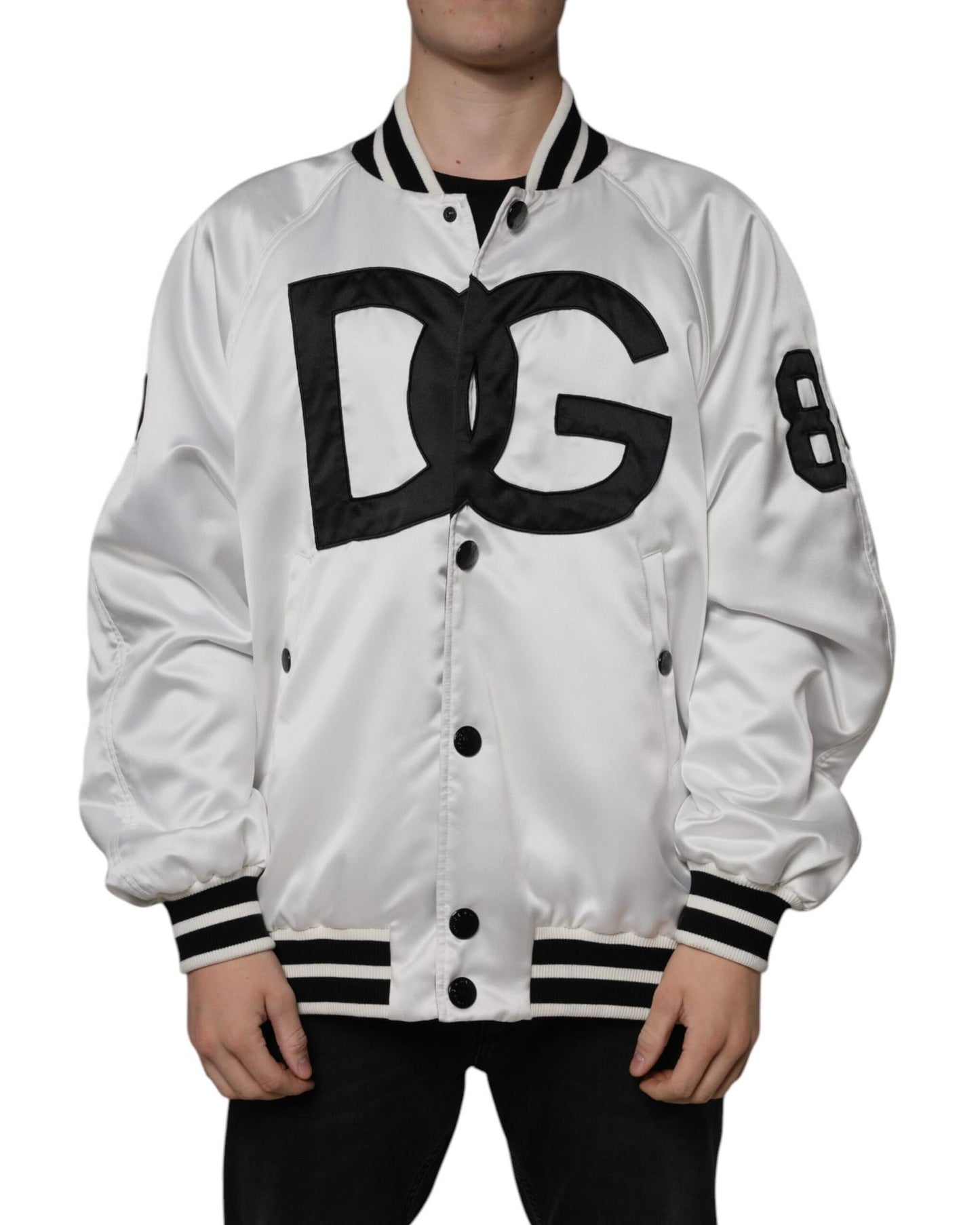 Dolce & Gabbana Men's White Polyester Logo Full Zip Bomber Jacket - 50 IT