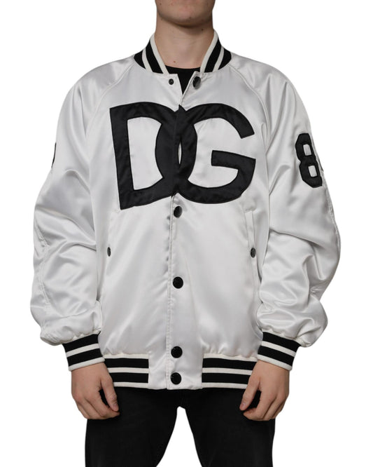Dolce & Gabbana Men's White Polyester Logo Full Zip Bomber Jacket - 50 IT