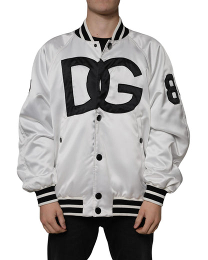 Dolce & Gabbana Men's White Polyester Logo Full Zip Bomber Jacket - 50 IT