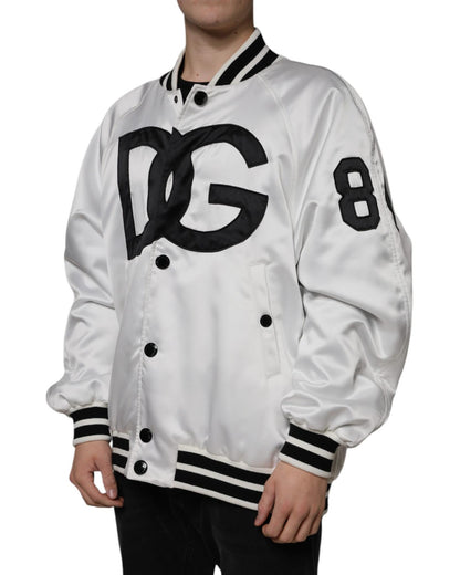 Dolce & Gabbana Men's White Polyester Logo Full Zip Bomber Jacket - 50 IT
