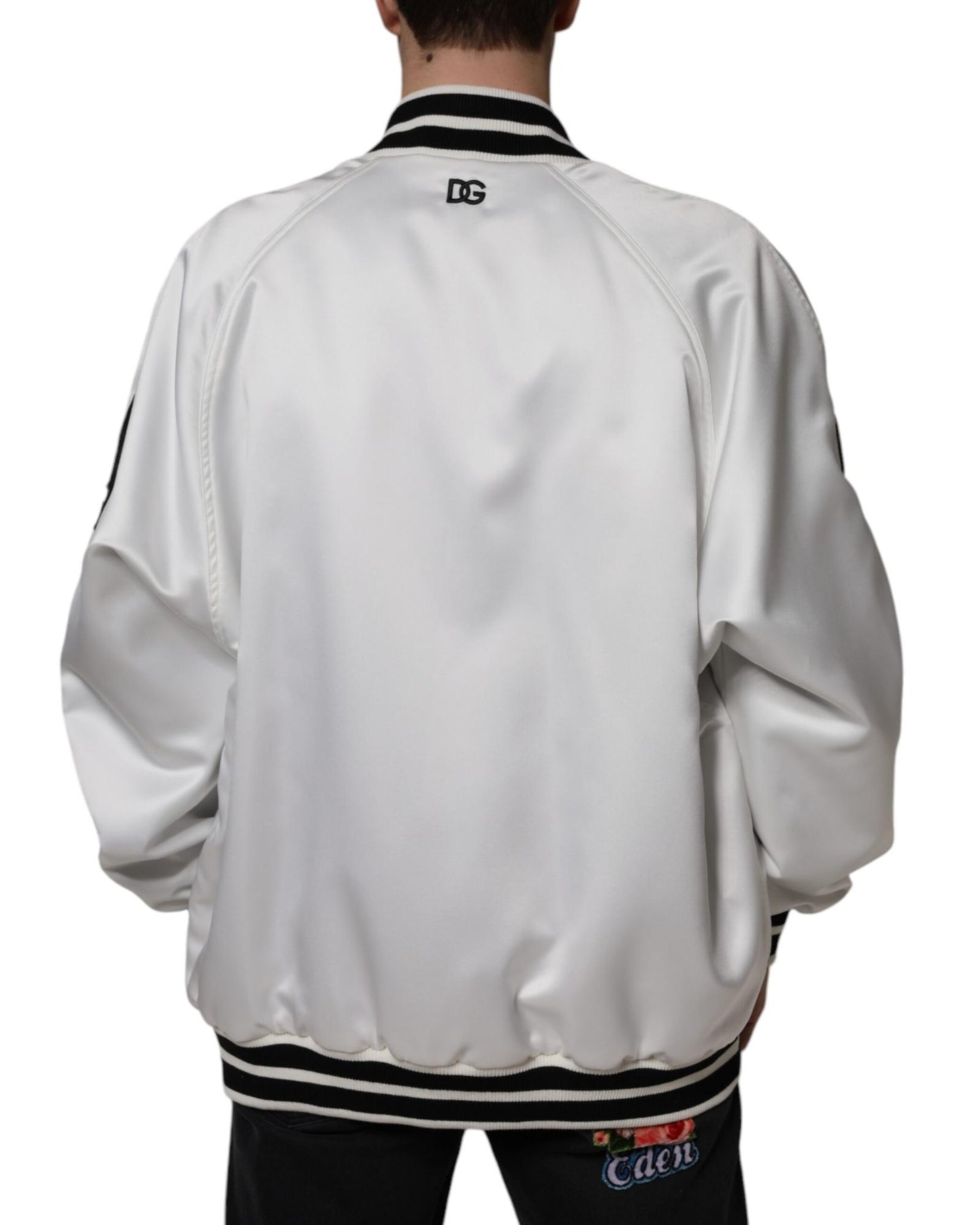 Dolce & Gabbana Men's White Polyester Logo Full Zip Bomber Jacket - 50 IT