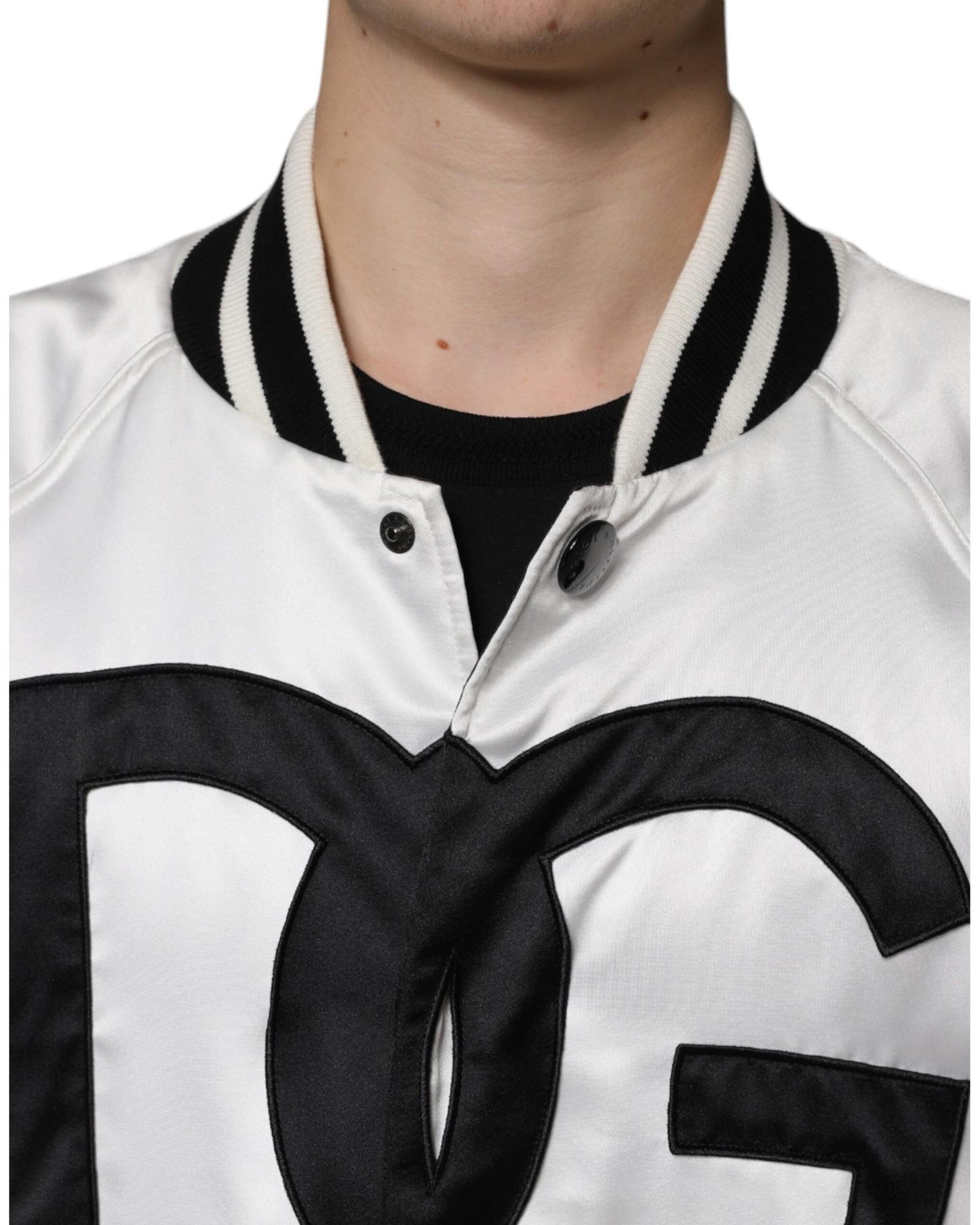 Dolce & Gabbana Men's White Polyester Logo Full Zip Bomber Jacket - 50 IT