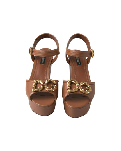 Dolce & Gabbana Women's Brown Leather AMORE Wedges Sandals Shoes - 37 EU