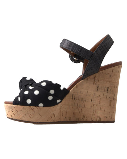 Dolce & Gabbana Women's Black  Wedges Polka Dotted Ankle Strap Shoes Sandals - 37.5 EU