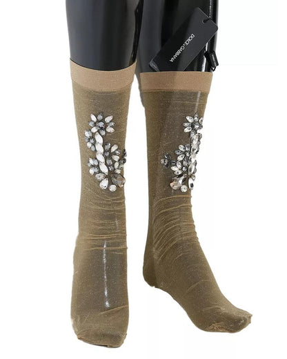 Dolce & Gabbana Women's Gold Stretch Floral Clear Crystal Stocking Socks - M