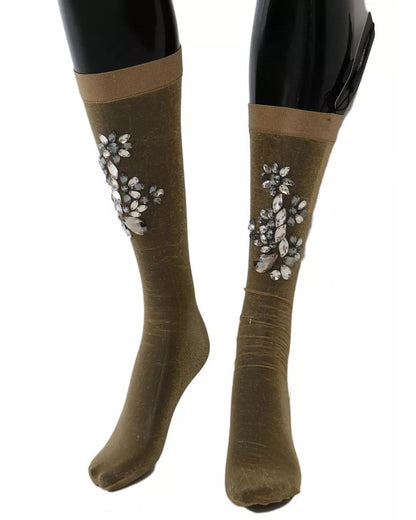 Dolce & Gabbana Women's Gold Stretch Floral Clear Crystal Stocking Socks - M