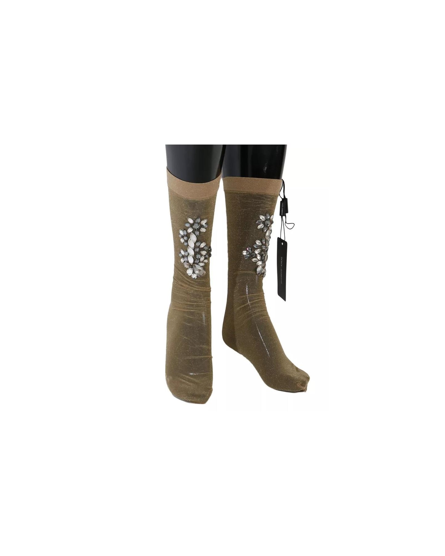 Dolce & Gabbana Women's Gold Stretch Floral Clear Crystal Stocking Socks - M