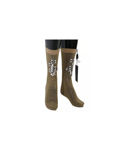 Dolce & Gabbana Women's Gold Stretch Floral Clear Crystal Stocking Socks - M