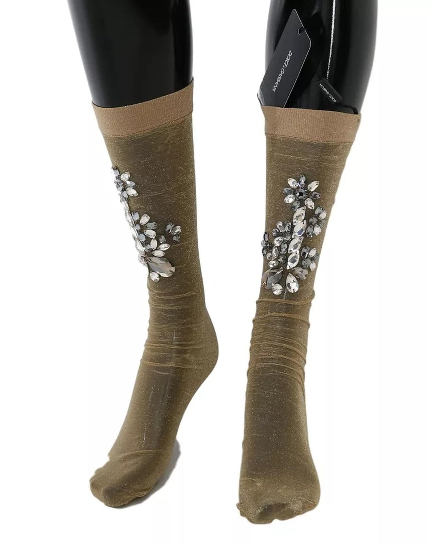 Dolce & Gabbana Women's Gold Stretch Floral Clear Crystal Stocking Socks - M
