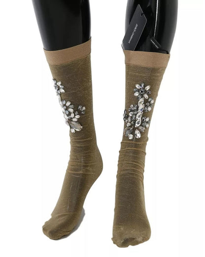 Dolce & Gabbana Women's Gold Stretch Floral Clear Crystal Stocking Socks - M