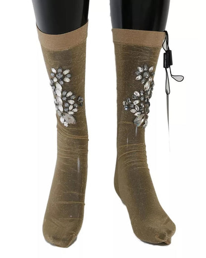 Dolce & Gabbana Women's Gold Stretch Floral Clear Crystal Stocking Socks - M