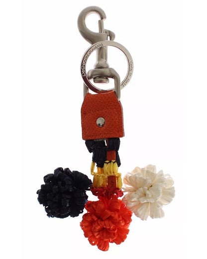 Dolce & Gabbana Women's Silver Brown Raffia Leather Clasp Finder Chain Keyring - One Size