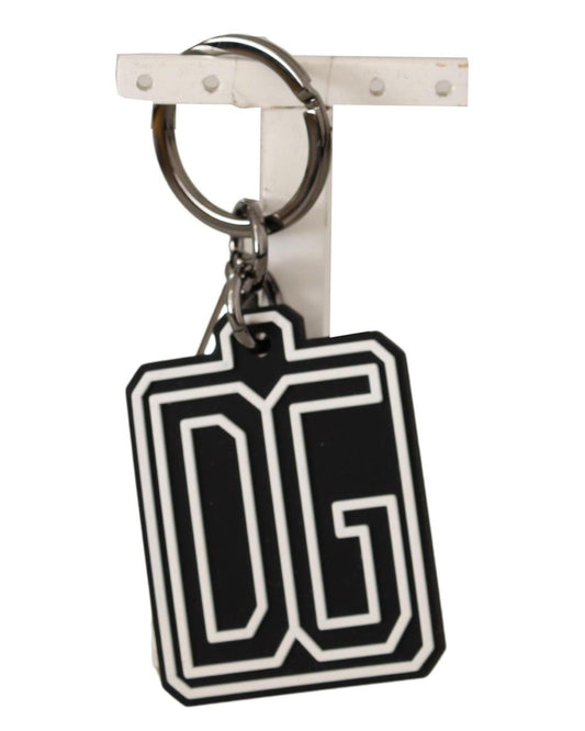 Dolce & Gabbana Men's Black White DG Rubber Logo Silver Ring Keychain - One Size