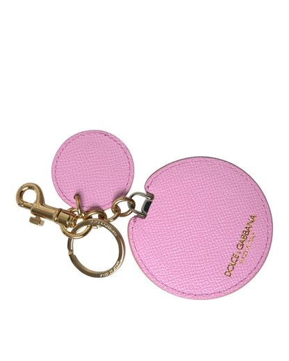 Dolce & Gabbana Women's Pink Calf Leather Gold Metal Logo Print Keyring Keychain - One Size