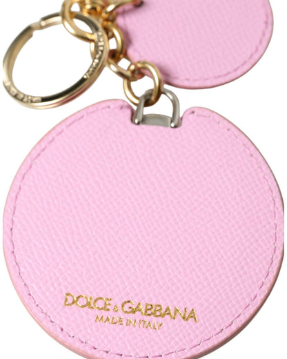 Dolce & Gabbana Women's Pink Calf Leather Gold Metal Logo Print Keyring Keychain - One Size