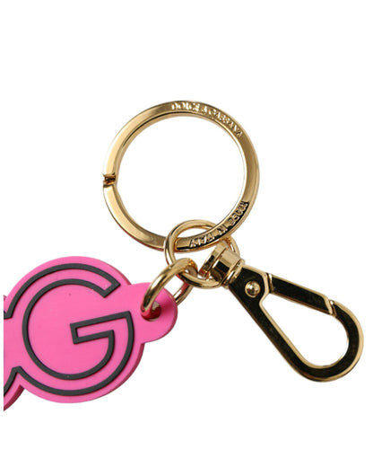 Dolce & Gabbana Women's Pink Rubber Gold Tone Metal DG Logo Keyring Keychain - One Size