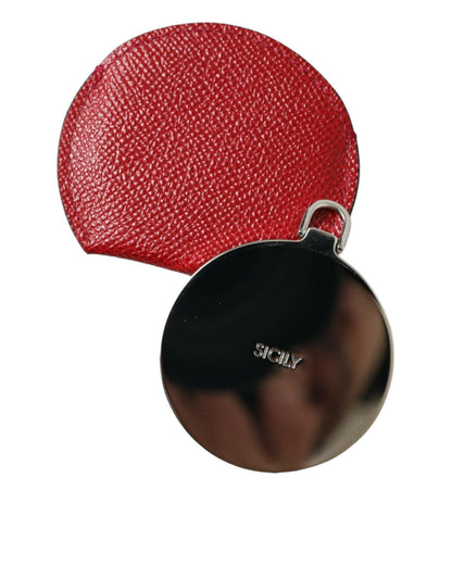 Dolce & Gabbana Women's Red Calfskin Leather Round Logo Hand Mirror Holder - One Size