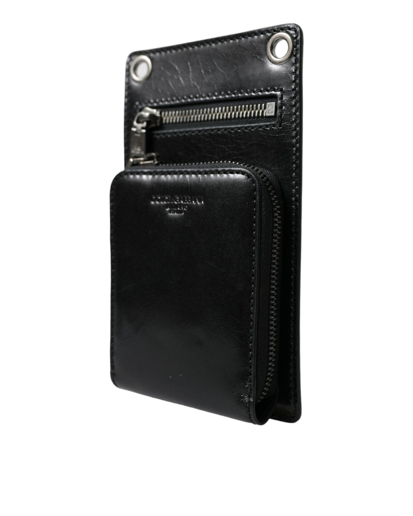 Dolce & Gabbana Men's Black Calf Leather Zip Logo Shoulder Neck Strap Wallet - One Size