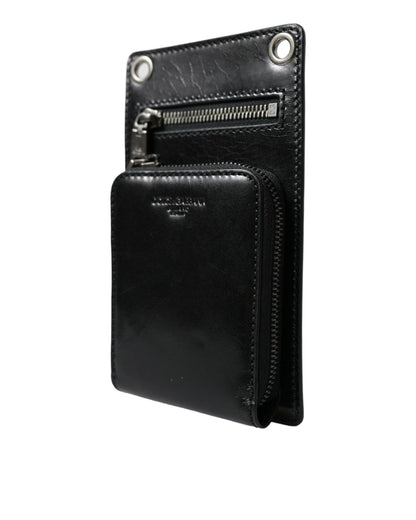 Dolce & Gabbana Men's Black Calf Leather Zip Logo Shoulder Neck Strap Wallet - One Size