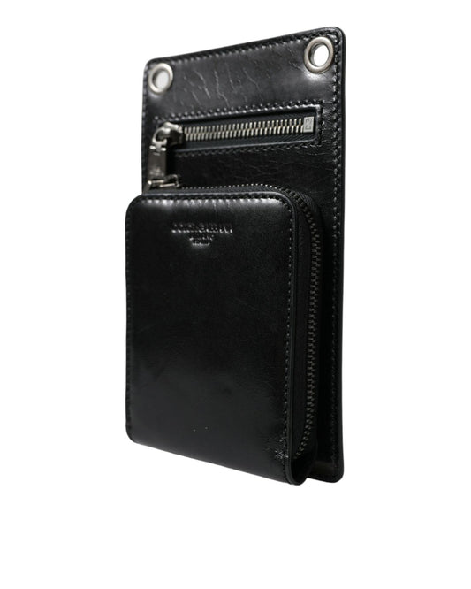 Dolce & Gabbana Men's Black Calf Leather Zip Logo Shoulder Neck Strap Wallet - One Size