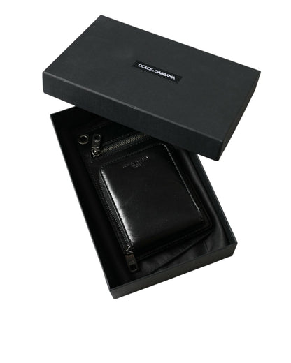 Dolce & Gabbana Men's Black Calf Leather Zip Logo Shoulder Neck Strap Wallet - One Size