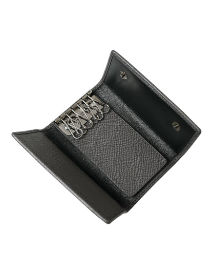Dolce & Gabbana Men's Black Leather Silver Metal Logo Plaque Trifold Keyring - One Size
