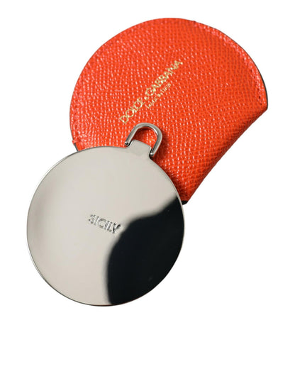 Dolce & Gabbana Women's Orange Calfskin Leather Round Logo Hand Mirror Holder - One Size