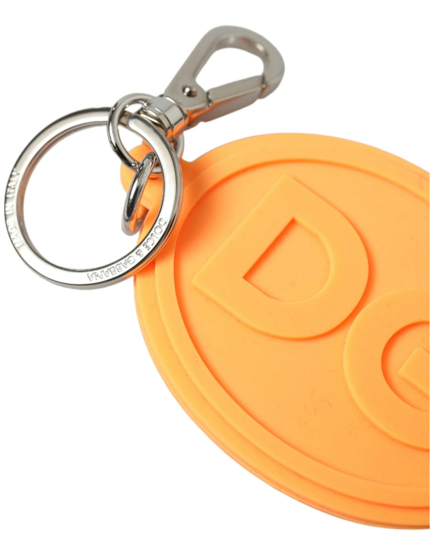 Dolce & Gabbana Women's Orange Rubber DG Logo Silver Brass Metal Keyring Keychain - One Size