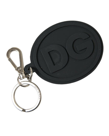 Dolce & Gabbana Women's Black Rubber DG Logo Silver Brass Metal Keyring Keychain - One Size