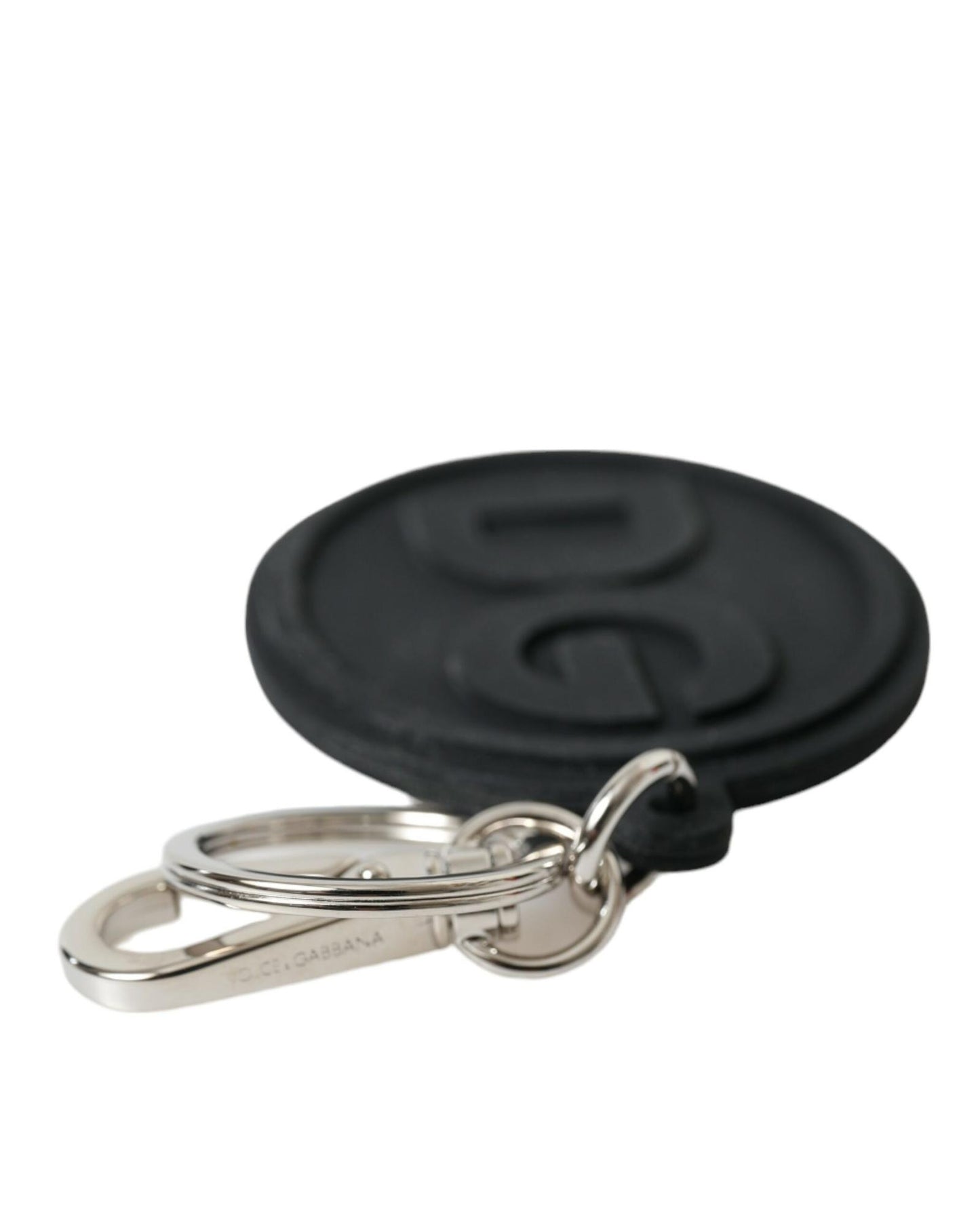 Dolce & Gabbana Women's Black Rubber DG Logo Silver Brass Metal Keyring Keychain - One Size