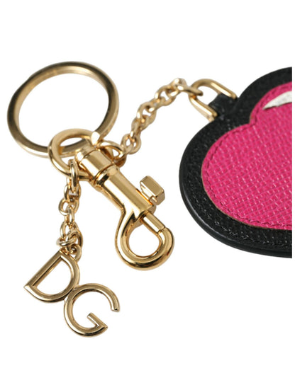 Dolce & Gabbana Women's Pink Black Heart Leather Gold Tone Brass Keyring Keychain - One Size