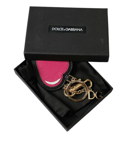 Dolce & Gabbana Women's Pink Black Heart Leather Gold Tone Brass Keyring Keychain - One Size