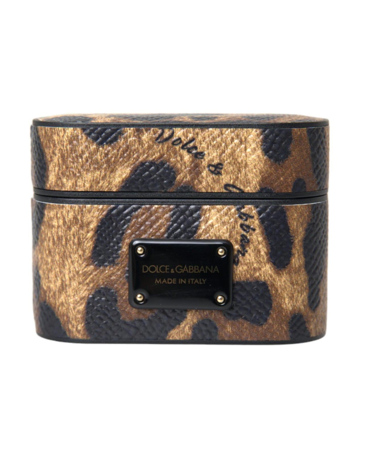 Dolce & Gabbana Women's Brown Leopard Calf Leather Metal Logo Plaque Airpods Case - One Size