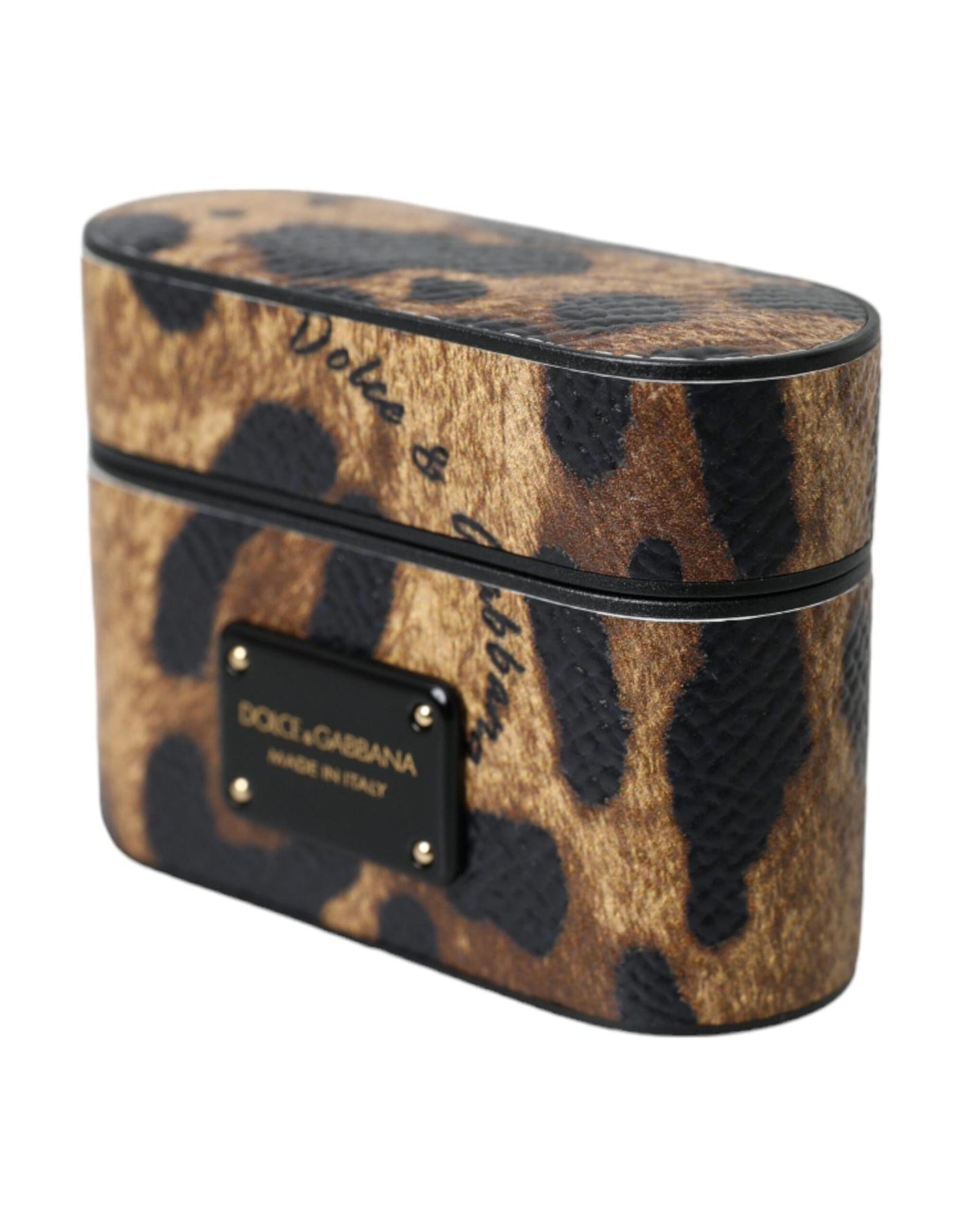 Dolce & Gabbana Women's Brown Leopard Calf Leather Metal Logo Plaque Airpods Case - One Size