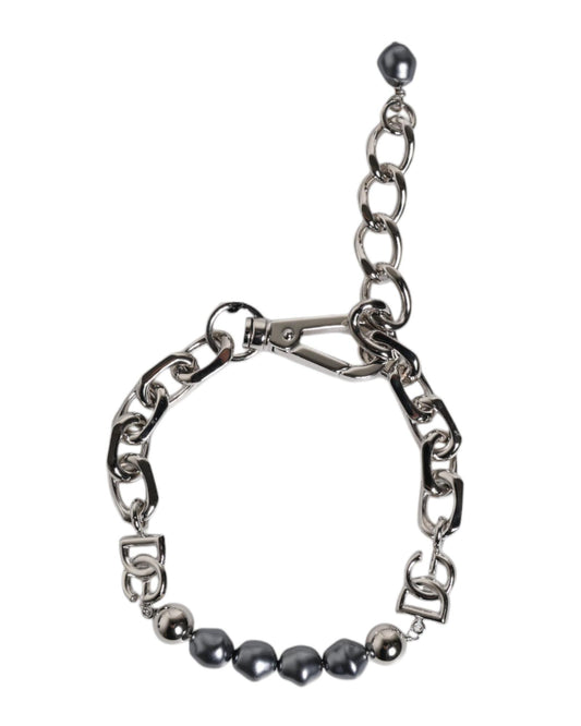 Dolce & Gabbana Men's Silver Tone Chain Lobster Clasp Logo Gray Pearls Bracelet - One Size