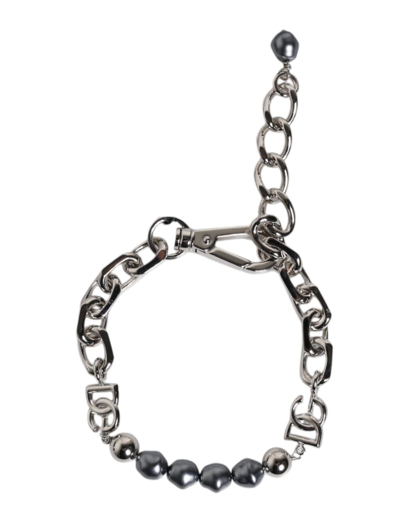 Dolce & Gabbana Men's Silver Tone Chain Lobster Clasp Logo Gray Pearls Bracelet - One Size