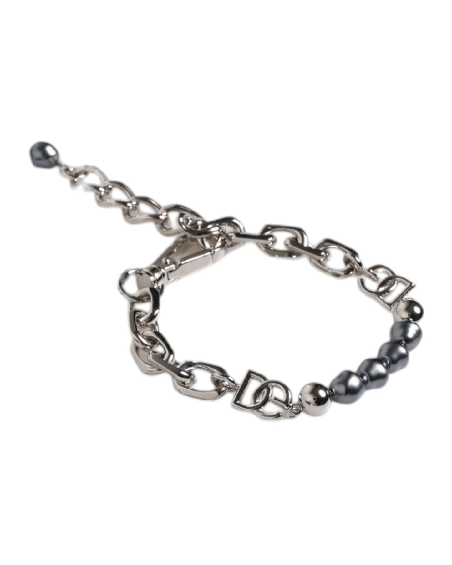 Dolce & Gabbana Men's Silver Tone Chain Lobster Clasp Logo Gray Pearls Bracelet - One Size