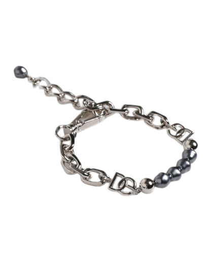 Dolce & Gabbana Men's Silver Tone Chain Lobster Clasp Logo Gray Pearls Bracelet - One Size