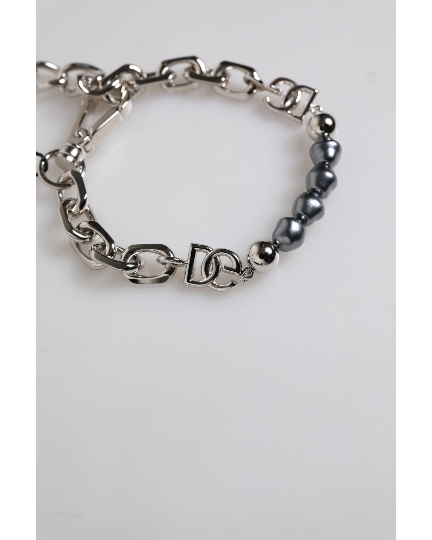 Dolce & Gabbana Men's Silver Tone Chain Lobster Clasp Logo Gray Pearls Bracelet - One Size