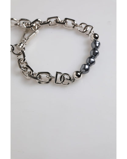 Dolce & Gabbana Men's Silver Tone Chain Lobster Clasp Logo Gray Pearls Bracelet - One Size